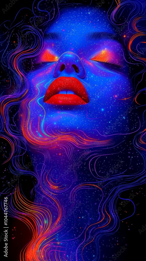 Fototapeta premium Retro pop art of a woman in vibrant psychedelic colors and 70s style