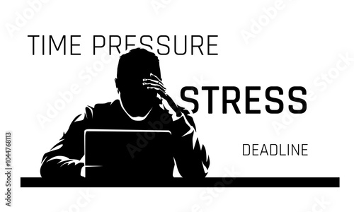 Stress and mental health, deadline at work, tired man rests his head while working on his laptop. Abstract vector illustration