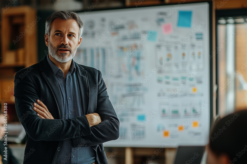 businessman giving a presentation to his employees. with blurred whiteboard filled with charts and notes, brainstorming or strategy session.