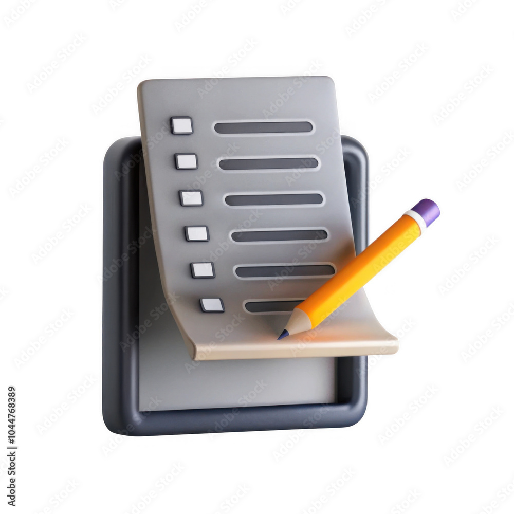 An isolated 3D rendered icon of a note pad with a yellow pencil, featuring checkboxes. Perfect for illustrating tasks or to-do lists. An isolated 3D rendered icon of a note pad with a yellow pencil, featuring checkboxes. Perfect for illustrating tasks or to-do lists.
