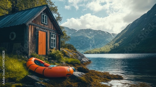 A packraft leans against a rustic house drying in the sun set against a stunning natural backdrop Embracing an active lifestyle photo