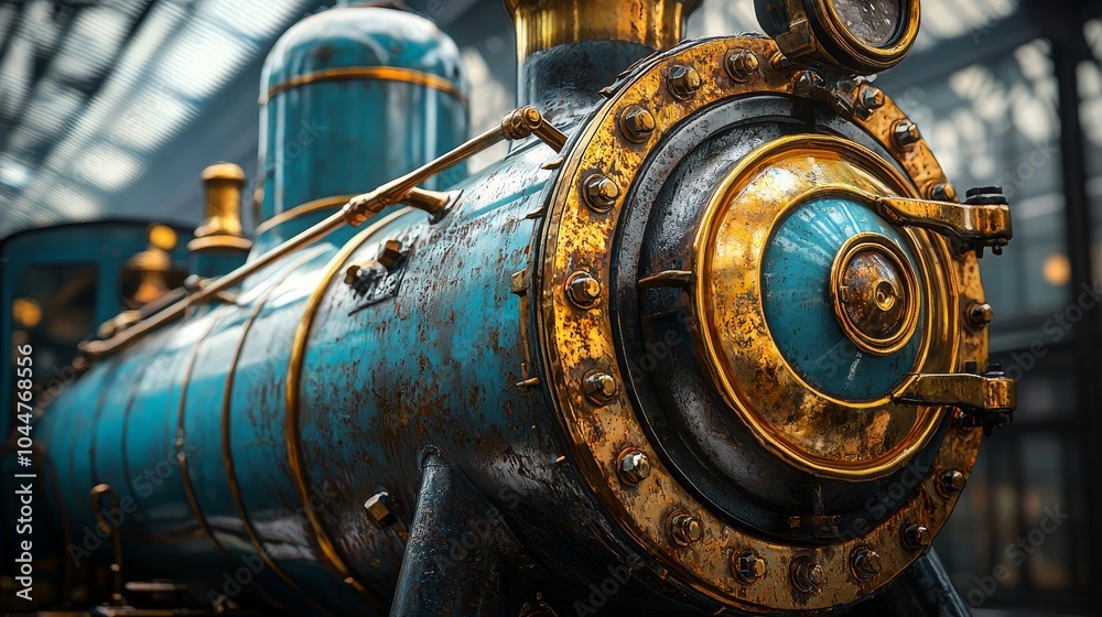 Close-up of an antique locomotive engine, focusing on corroded pipes and polished brass components, old locomotive, nostalgic engineering Close-up of an antique locomotive engine, focusing on corroded pipes and polished brass components, old locomotive, nostalgic engineering