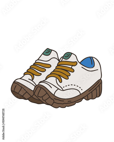 Cartoon vector illustration of trekking sneakers with a sturdy sole, perfect for outdoor footwear branding