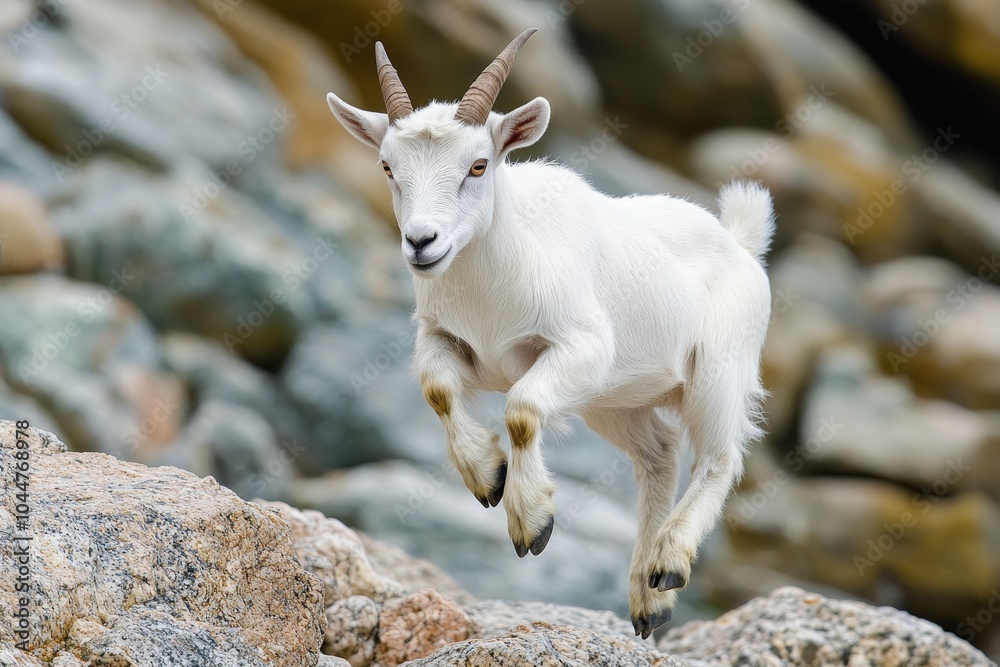 Fototapeta premium Graceful Mountain Goat Leaps Among Rocky Terrain, Showcasing Nature's Beauty and the Spirit of Wild Adventure in the Wilderness