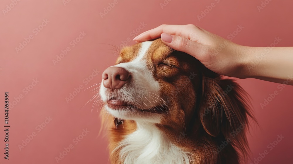 Hand gently patting the head of a cheerful cute dog breed Hand gently patting the head of a cheerful cute dog breed