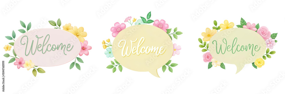 Obraz premium cheerful collection of Welcome signs adorned with colorful flowers and leaves, perfect for greeting guests. vibrant designs evoke warm and inviting atmosphere