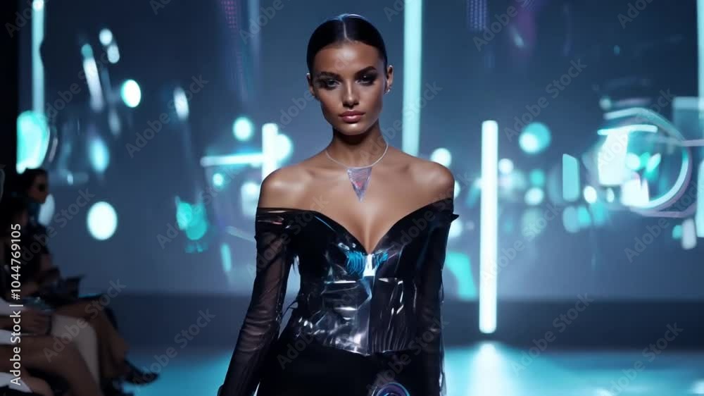 Confident woman modeling a futuristic silver top paired with a black skirt while walking down the runway at a vibrant fashion show, showcasing elegance and modern style