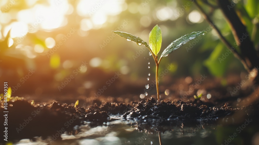 Hope and life concept small plant grows from soil nourished by water from above basking in morning sunlight symbolizing nature and freshness in a garden setting Hope and life concept small plant grows from soil nourished by water from above basking in morning sunlight symbolizing nature and freshness in a garden setting