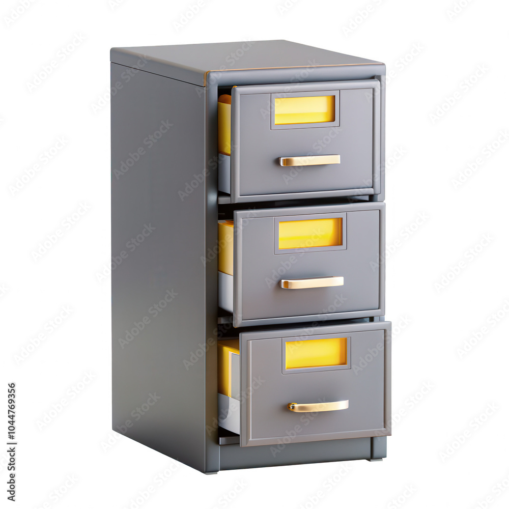 A modern three-drawer filing cabinet in gray with yellow handles. Ideal for office organization and storage, showcasing a minimalistic design. A modern three-drawer filing cabinet in gray with yellow handles. Ideal for office organization and storage, showcasing a minimalistic design.