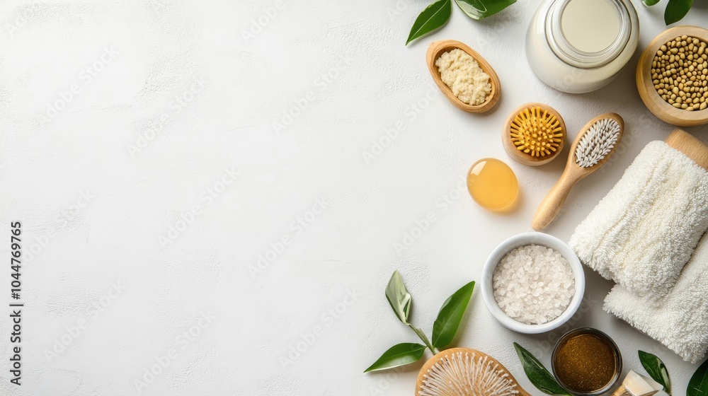 Spa cosmetics and body brush composition on a white background