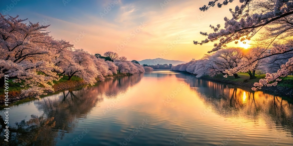 Fototapeta premium Silhouette of tranquil Japanese river with cherry blossoms