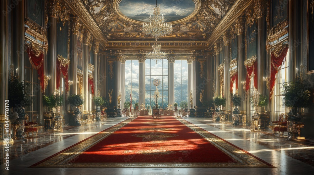 Obraz premium Opulent palace interior with grand decor and large windows.