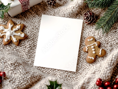 Cozy Christmas Mockup: Blank Card nestled amongst festive gingerbread men, pine cones, and a warm knit texture. Perfect for holiday greetings or seasonal announcements. 