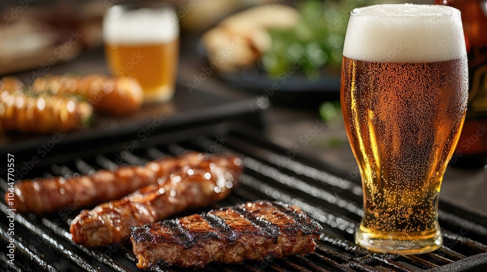 Savory BBQ Grill Showcasing Grilled Meats and Chilled Beer Savory BBQ Grill Showcasing Grilled Meats and Chilled Beer