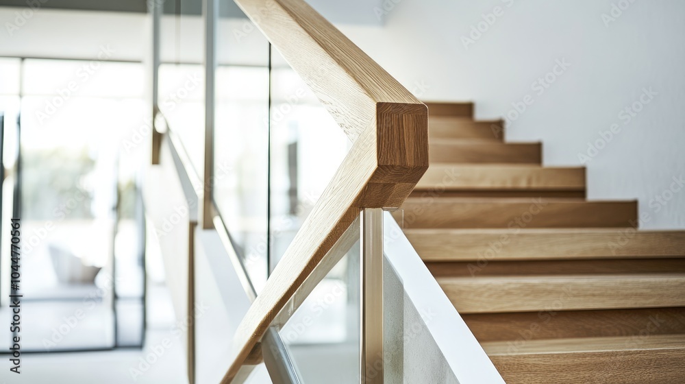Obraz premium Stylish modern handrail featuring a wooden oak accent on a contemporary staircase exhibiting elegance and sophistication in a bright interior