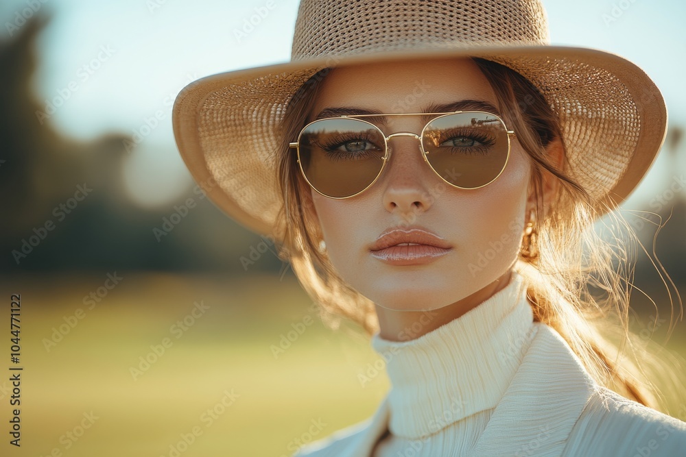A stylish woman at a golf club, dressed in a fashionable outfit. Generative AI A stylish woman at a golf club, dressed in a fashionable outfit. Generative AI