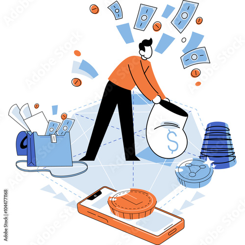 Crypto currency mining. Cryptocurrency concept with miner and coins. Young man collects money in bag working in bitcoin mine. Blockchain transaction technology concept, virtual money market