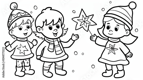 Happy children in winter clothes. Christmas theme. Coloring book page for kids. Black and white illustration