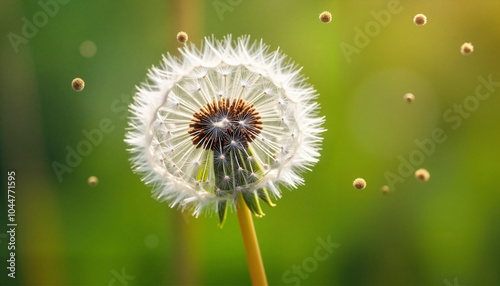 Dandelion releasing airborne allergens in a vibrant green background, allergy to dandelions photo