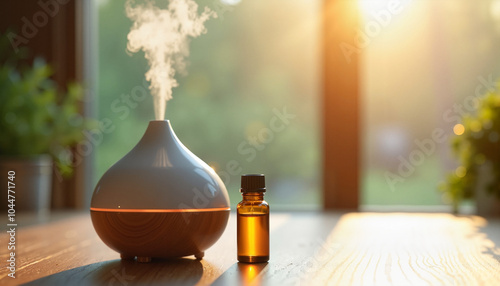 Aromatherapy diffuser with essential oil bottle and warm mood in the sunlight photo