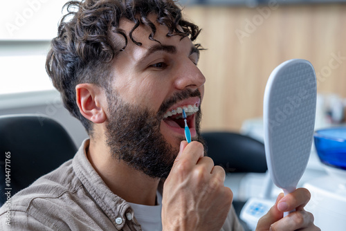 Man with metal braces carefully cleaning his teeth using interdental brush photo