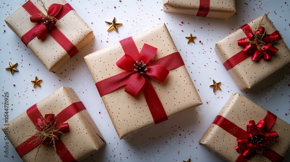 Christmas Gifts with Red Bows and Ornaments on White Background Christmas Gifts with Red Bows and Ornaments on White Background