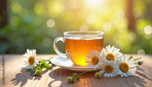 Herbal tea in a glass cup with chamomile flowers on a wooden table and warm sunlight