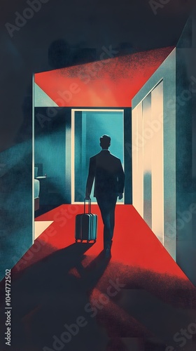 A man with luggage walking into the hotel room, in the style of vintage illustration
