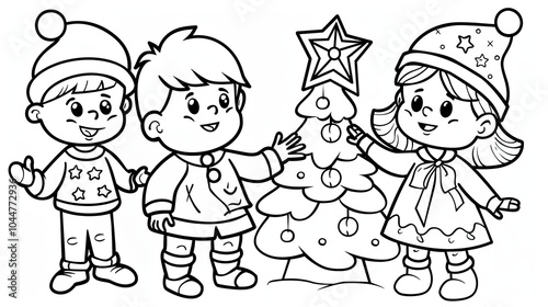 Happy children in winter clothes near the Christmas tree. Christmas theme. Coloring book page for kids. Black and white