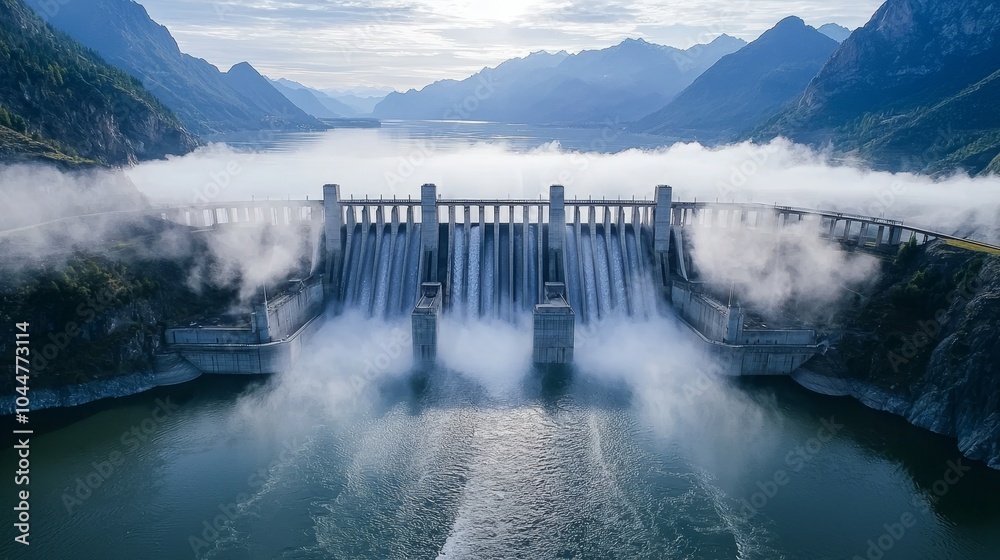 A grand hydroelectric dam on a calm river, with water cascading through the turbines, mist rising in the light morning sun, mountains in the distance A grand hydroelectric dam on a calm river, with water cascading through the turbines, mist rising in the light morning sun, mountains in the distance