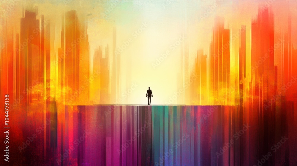 A lone figure stands on a vibrant, abstract cityscape with a radiant sunset backdrop, AI A lone figure stands on a vibrant, abstract cityscape with a radiant sunset backdrop, AI