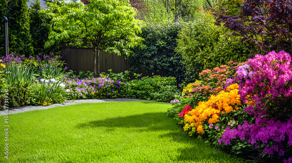 Obraz premium A colorful hedge of flowering shrubs surrounding a cozy backyard, creating a perfect retreat.