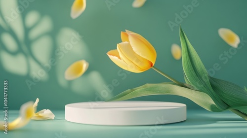 Wallpaper Mural Display podium against a green backdrop featuring a yellow tulip and petals Minimalistic pedestal for showcasing beauty and cosmetic products Ideal for spring and summer mockups Torontodigital.ca