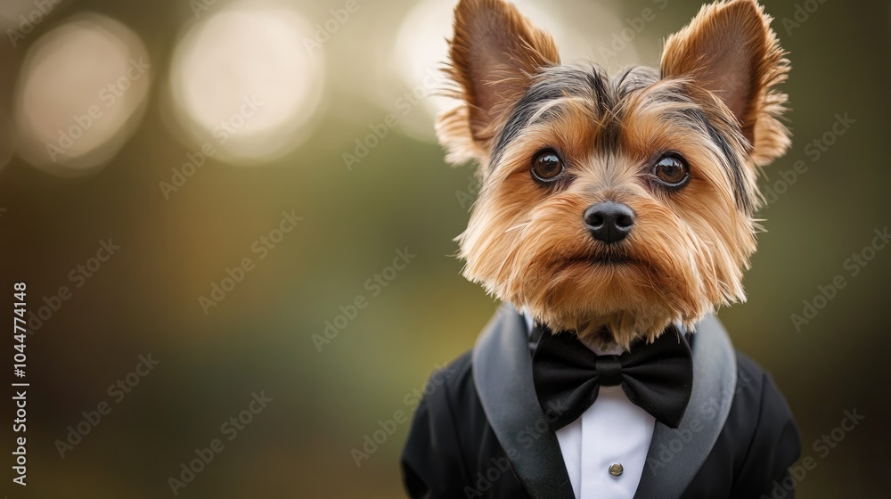 Portrait of a Yorkshire Terrier dog wearing an elegant tuxedo outfit Portrait of a Yorkshire Terrier dog wearing an elegant tuxedo outfit