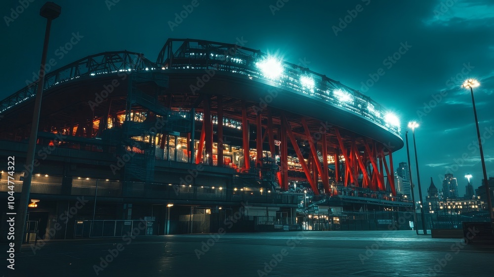 Fototapeta premium A dramatic night view of a stadium, showcasing vibrant lights and modern architecture, capturing the essence of urban sports entertainment.