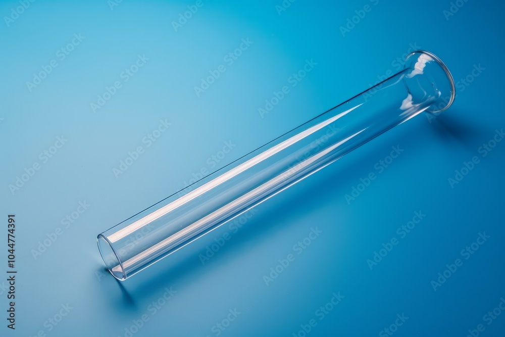 Long transparent laboratory tube is lying on a blue background Long transparent laboratory tube is lying on a blue background