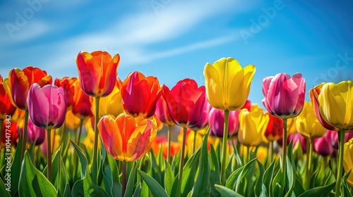 Vibrant fields of multicolored tulips under a bright blue sky showcasing the beauty of spring blooms in full color