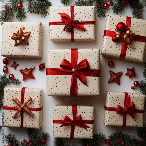 Christmas Gifts with Red Bows and Ornaments on White Background