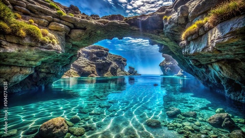 Underwater swim through a natural arch in Hawaii's clear blue waters