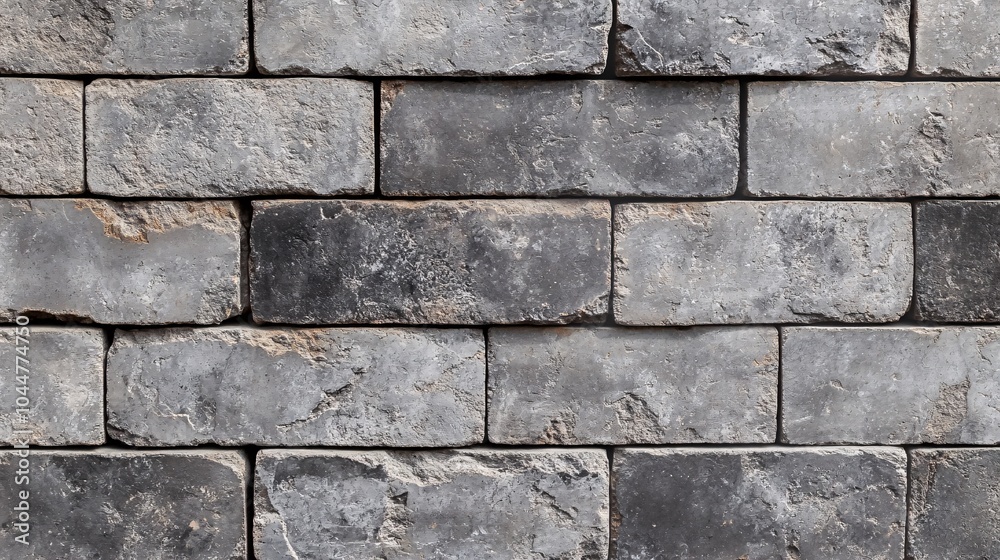 Fototapeta premium 2410 73.A horizontal view of a grey cinder block brick wall, emphasizing the uniform placement of the breeze blocks. The rough texture and muted color of the bricks highlight the industrial and