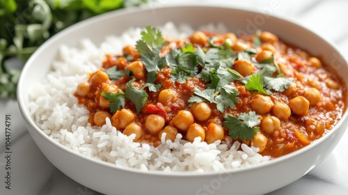 Indian red lentil curry with chickpeas served with white rice and garnished with fresh cilantro in a white bowl on a marble surface