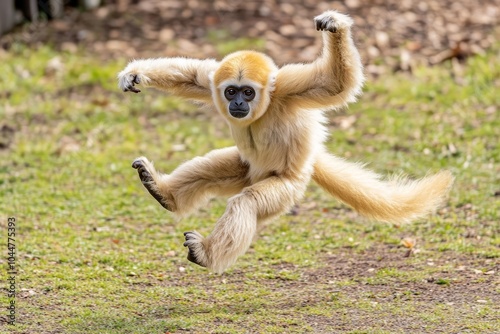 A playful gibbon leaps gracefully across a lush green landscape, showcasing agility and joy in its natural habitat, full of vibrant life.