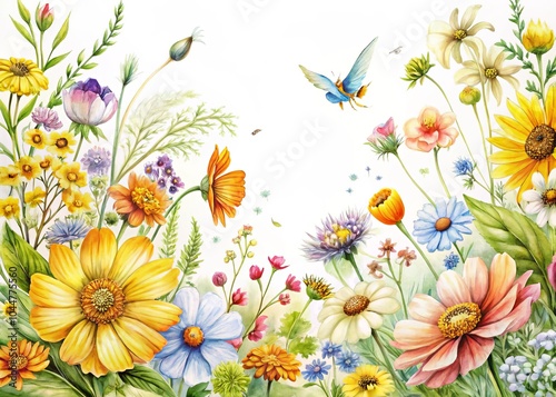 Collection of Watercolor Wildflowers: Cosmos, Daisies, Bluebells, and More - Bright Yellow and Orange Floral Illustrations on White Background for Art and Decor