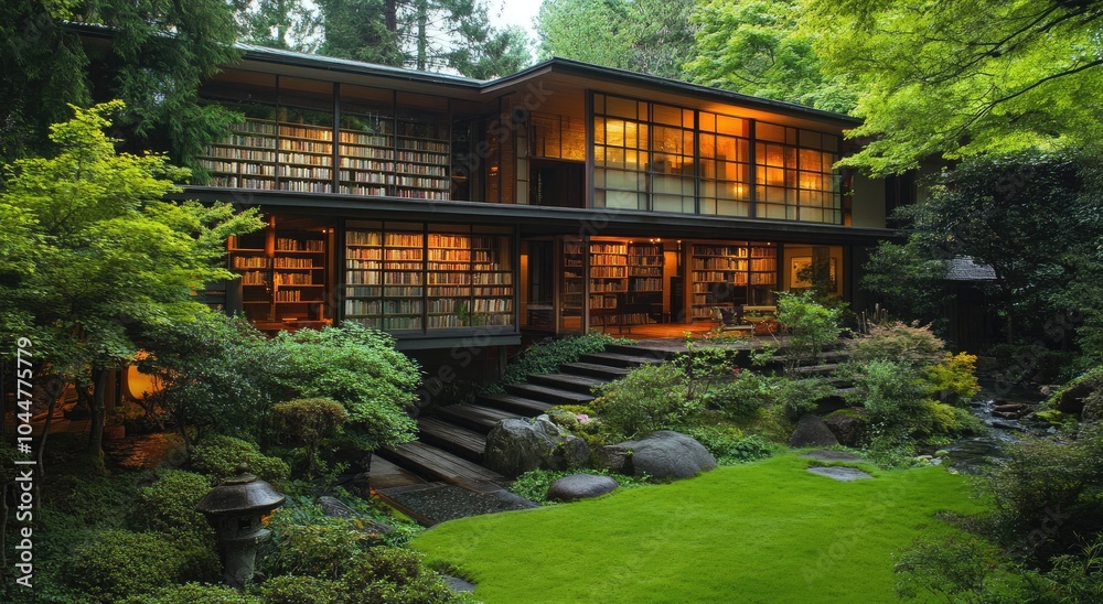 A house with books in the garden, featuring Japanese-style architecture, a green roof, and a modern interior design for the library. A house with books in the garden, featuring Japanese-style architecture, a green roof, and a modern interior design for the library.