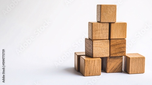 2410 31.A minimalist composition of wooden blocks stacked in various geometric shapes on a clean white background. The precise arrangement of the blocks suggests creativity and strategy, with each