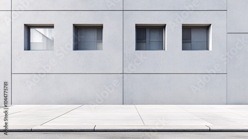 Fototapeta Naklejka Na Ścianę i Meble -  2410 106.A minimalist urban street scene with small windows evenly spaced on a gray plaster facade. The concrete sidewalk in front contrasts with the smooth facade, creating a stark, modern backdrop