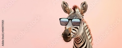 Stylish zebra wearing sunglasses, set against a delicate pastel background for an ad. photo