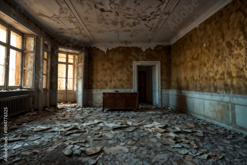 Old past of poor, cuffed floor, tripped wallpaper on wall. Background of living room interior of an abandoned communal apartment, dirty room, rotten peeling walls. Repair concept. Copy ad text space photo