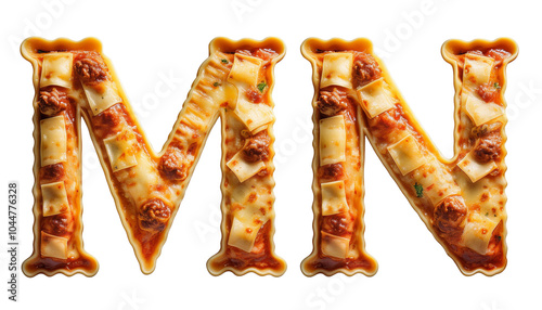 M-N Alphabet made of delicious lasagna with pasta and cheese letters M N isolated on white background appetizing typography photo