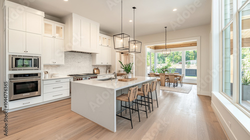 Modern kitchen design features white cabinetry, stainless steel appliances, and spacious island with seating. Natural light floods area, creating warm and inviting atmosphere